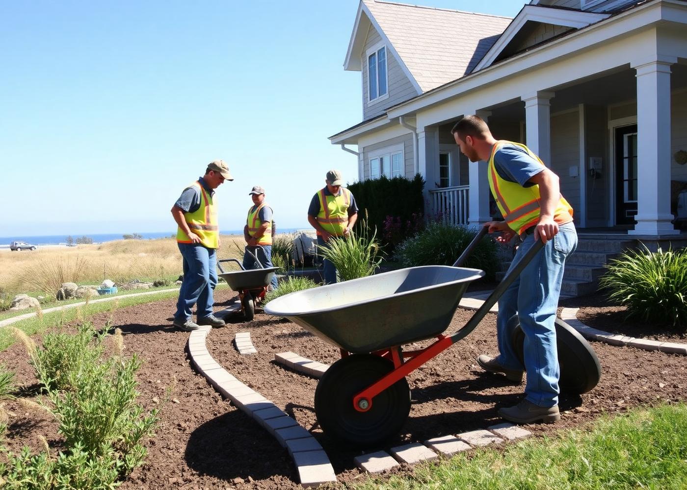 Landscaping crew preparing a base and installing pavers