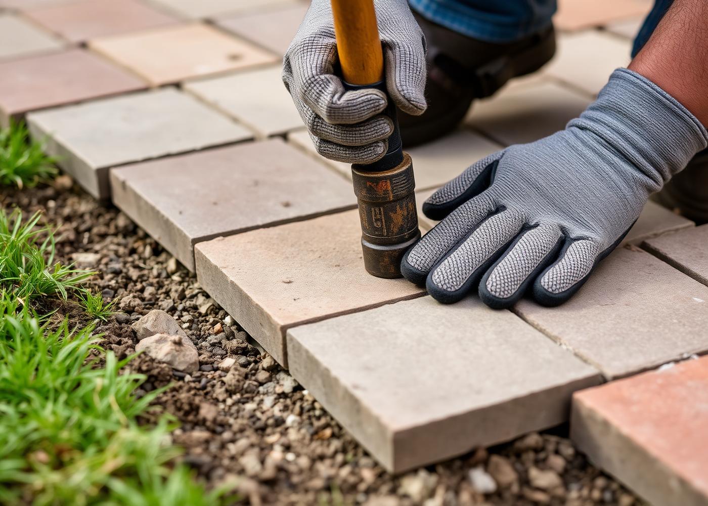 Paver stones being reset during a landscape repair