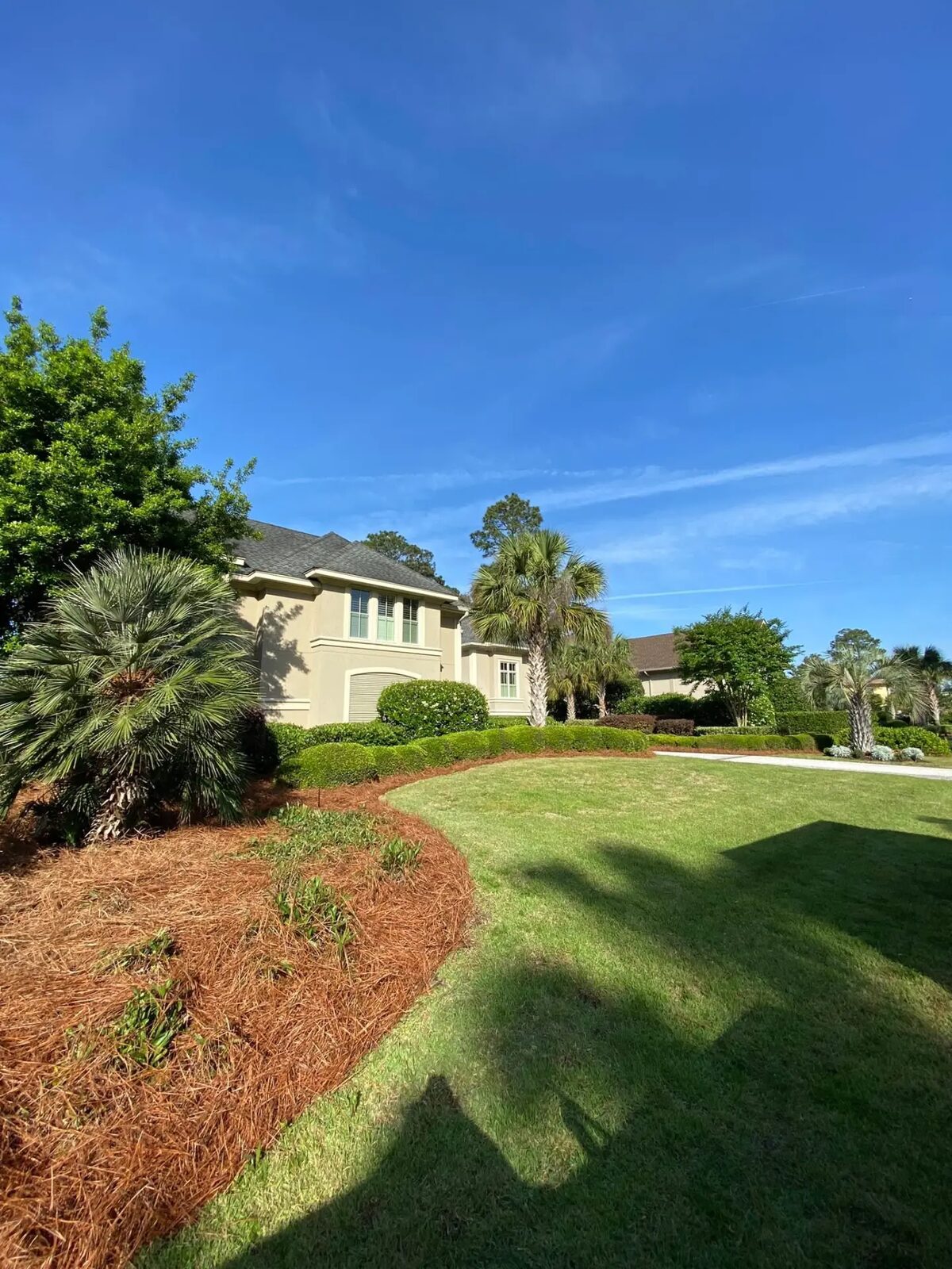 Pine straw beds edged along a manicured lawn beside a stucco home